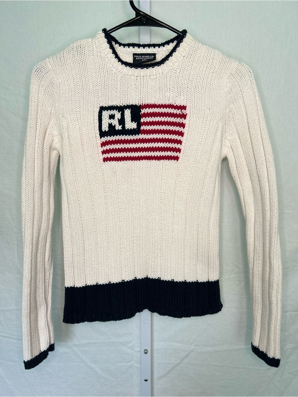 VTG Y2K Polo Jeans Co Ralph Lauren Big Flag RL Knit Sweater Cream Navy Small